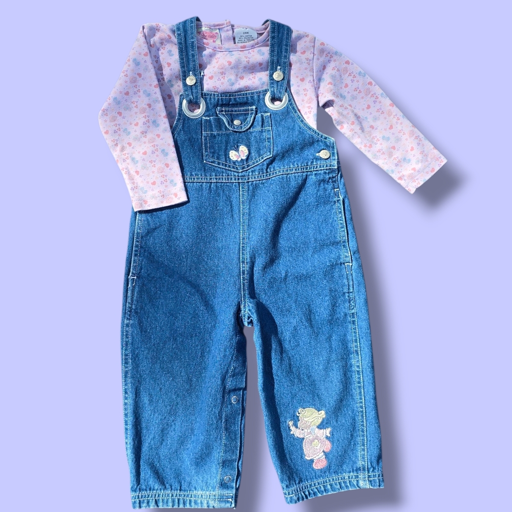 Denim Overalls with Pink Floral Shirt